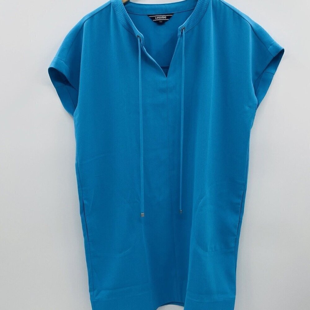 Lands End Womens Size 8 Short Sleeve Crepe Pullover Dress with Pockets in Blue